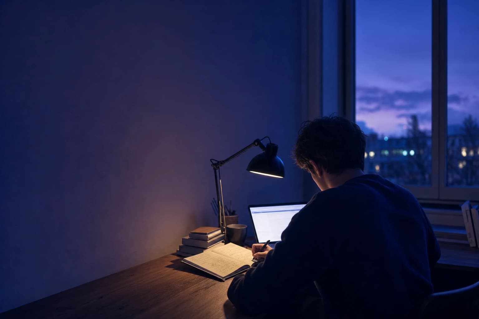A student studying at a desk in the evening